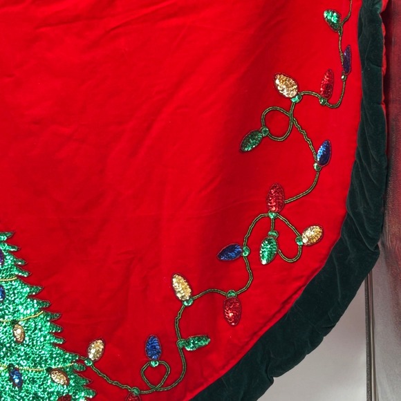 Vintage Christmas Tree Skirt Red Velvet Sequin Lights Tree Ornament Star 56 " - Picture 9 of 13